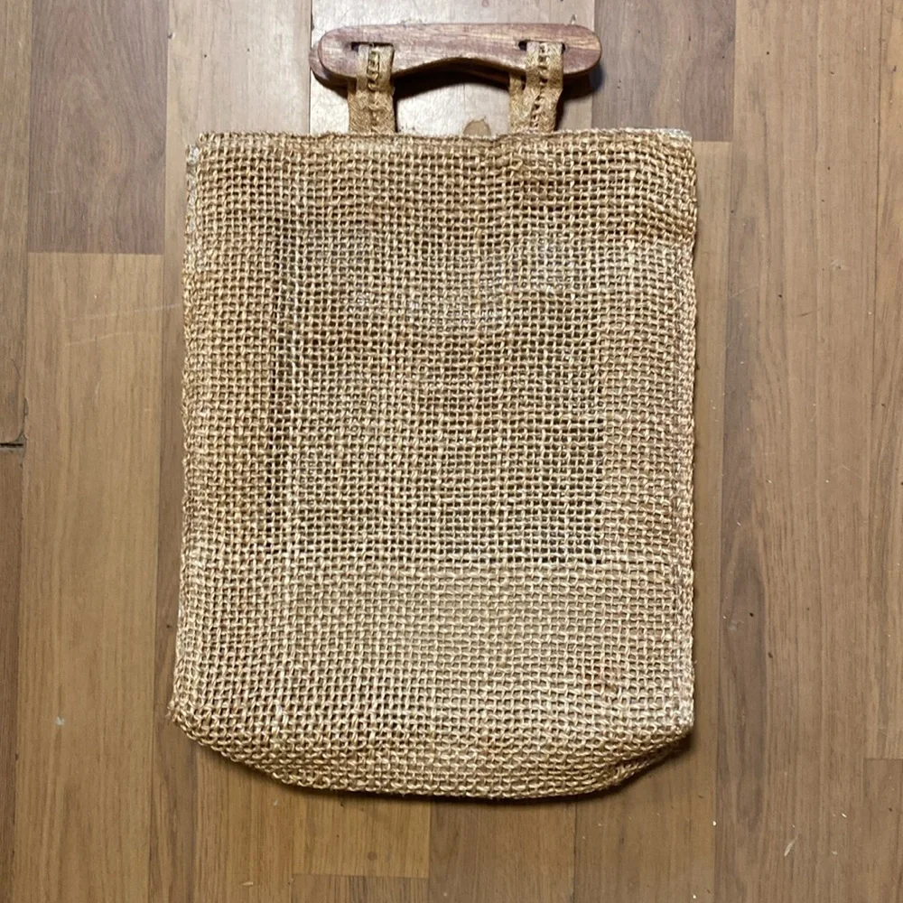 Vintage Raffia Tote with Wooden Handles - Picture 2 of 5